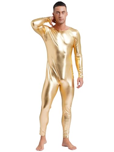 Aislor Herren Metallic Jumpsuit Einteiler Overall Langarm Bodysuit Ganzkörperanzug Reißverschluss Clubwear Gold XL von Aislor