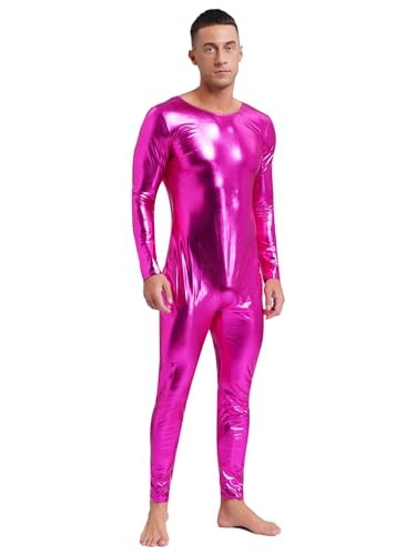 Aislor Herren Metallic Jumpsuit Einteiler Overall Langarm Bodysuit Ganzkörperanzug Reißverschluss Clubwear Hot Pink XXL von Aislor