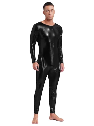Aislor Herren Metallic Jumpsuit Einteiler Overall Langarm Bodysuit Ganzkörperanzug Reißverschluss Clubwear Schwarz L von Aislor
