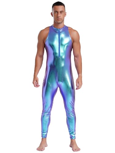 Aislor Herren Metallic Jumpsuit Einteiler Overall Pu Leder Bodysuit Ganzkörperanzug Reißverschluss Catsuit Halloween Karneval Kostüm Clubwear Blau 3XL von Aislor