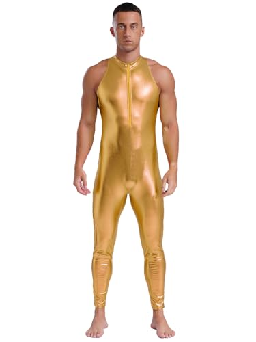 Aislor Herren Metallic Jumpsuit Einteiler Overall Pu Leder Bodysuit Ganzkörperanzug Reißverschluss Catsuit Halloween Karneval Kostüm Clubwear Gold 3XL von Aislor