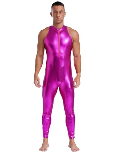 Aislor Herren Metallic Jumpsuit Einteiler Overall Pu Leder Bodysuit Ganzkörperanzug Reißverschluss Catsuit Halloween Karneval Kostüm Clubwear Hot Pink 3XL von Aislor