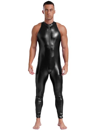 Aislor Herren Metallic Jumpsuit Einteiler Overall Pu Leder Bodysuit Ganzkörperanzug Reißverschluss Catsuit Halloween Karneval Kostüm Clubwear Schwarz XL von Aislor