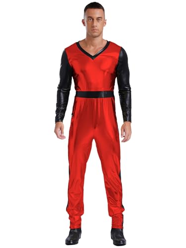 Aislor Herren PU Leder Bodysuit Metallic Jumpsuit Ganzkörperanzug Baseball Kostüm Baseball Spieler Overall American Football Kostüm Fasching Kostüm Rot M von Aislor