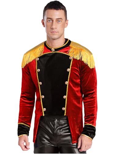 Aislor Herren Zirkus Kostüm Ringmaster Kostüm Langarm Jacke Mantel Samt Jacke Oberteil Dompteur Halloween Kostüm Karneval Mottoarty Rot M von Aislor