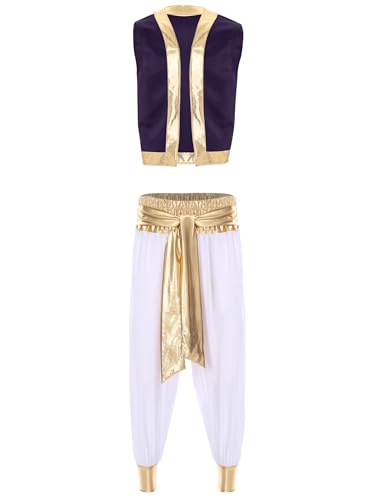 Aislor Karneval Kostüm Herren Aladin Weste Top Ärmellos Oberteil mit Hose Harmehose Arabischer Verkleidung Halloween Fasching Cosplay Outfits Lilaweiß L von Aislor