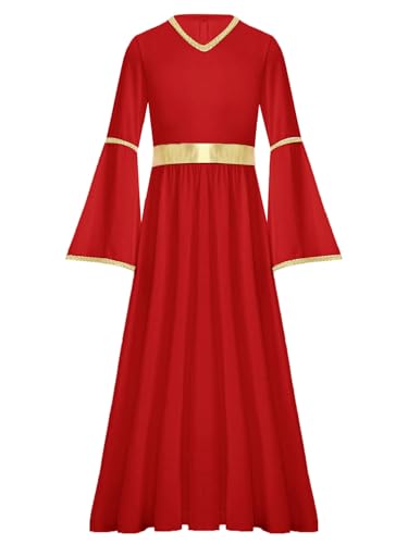 Aislor Kinder Mädchen Engelskostüm Engelchen Kleid V-Ausschnitt Trompetenärmel Maxikleid Griechische Göttin Kostüm Halloween Karneval Cosplay Outfit Rot 110-116 von Aislor