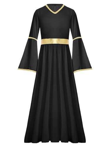 Aislor Kinder Mädchen Engelskostüm Engelchen Kleid V-Ausschnitt Trompetenärmel Maxikleid Griechische Göttin Kostüm Halloween Karneval Cosplay Outfit Schwarz 158-164 von Aislor