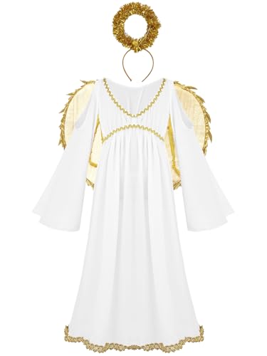 Aislor Kinder Mädchen Griechische Göttin Kostüm Engelskostüm Engelchen Kleid mit Engelsflügel Heiligenschein Weiß Maxikleid Karneval Kostüm Gold 104-110 von Aislor