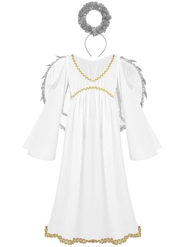 Aislor Kinder Mädchen Griechische Göttin Kostüm Engelskostüm Engelchen Kleid mit Engelsflügel Heiligenschein Weiß Maxikleid Karneval Kostüm Silber 104-110 von Aislor