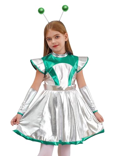 Aislor Mädchen Alien Kostüm Astronaut Kostüm Fliegenärmel Kleid Metallic Tanzkleid + Haarreif Holografischer Halloween Karneval Kostüm Grün 170-176 von Aislor