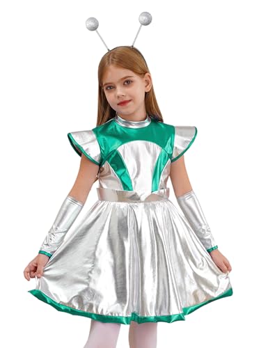 Aislor Mädchen Alien Kostüm Astronaut Kostüm Fliegenärmel Kleid Metallic Tanzkleid + Haarreif Holografischer Halloween Karneval Kostüm Grün Silber 170-176 von Aislor