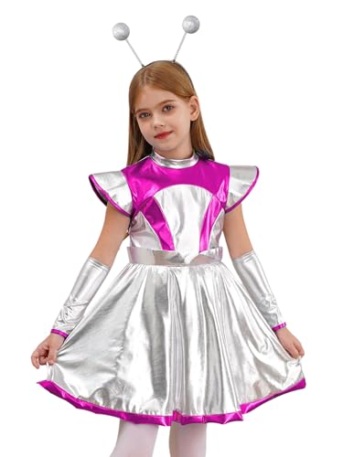 Aislor Mädchen Alien Kostüm Astronaut Kostüm Fliegenärmel Kleid Metallic Tanzkleid + Haarreif Holografischer Halloween Karneval Kostüm Rosa 110-116 von Aislor