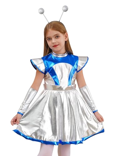 Aislor Mädchen Alien Kostüm Astronaut Kostüm Fliegenärmel Kleid Metallic Tanzkleid + Haarreif Holografischer Halloween Karneval Kostüm Silber 110-116 von Aislor