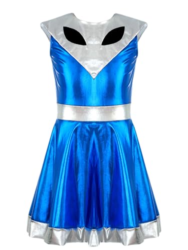 Aislor Mädchen Alien Kostüm Metallic Weltall Kostüm Glitzer Tanzkleid Astronaut Kostüm Spacegirl Cosplay Outfit Halloween Fasching Kostüm Königsblau 158-164 von Aislor