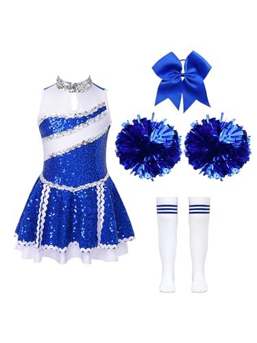 Aislor Mädchen Cheer Leader Kostüm Ärmellos Tanzkleid Glitzer Cheerleadering Uniform + Pompons Tanzkostüm Wettkampf Karneval Fasching Party E Blau 146-152 von Aislor