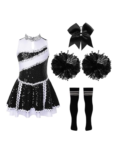 Aislor Mädchen Cheer Leader Kostüm Ärmellos Tanzkleid Glitzer Cheerleadering Uniform + Pompons Tanzkostüm Wettkampf Karneval Fasching Party E Schwarz 134-140 von Aislor