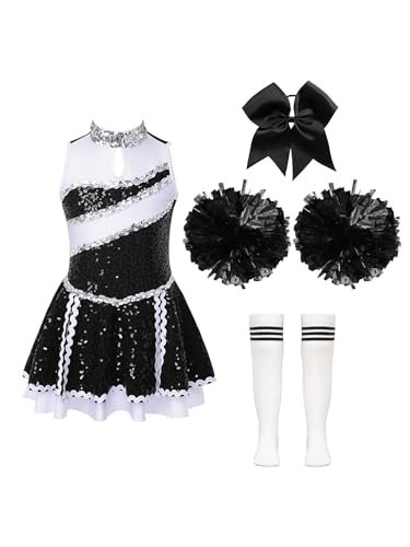 Aislor Mädchen Cheer Leader Kostüm Ärmellos Tanzkleid Glitzer Cheerleadering Uniform + Pompons Tanzkostüm Wettkampf Karneval Fasching Party E Weißschwarz 158-164 von Aislor