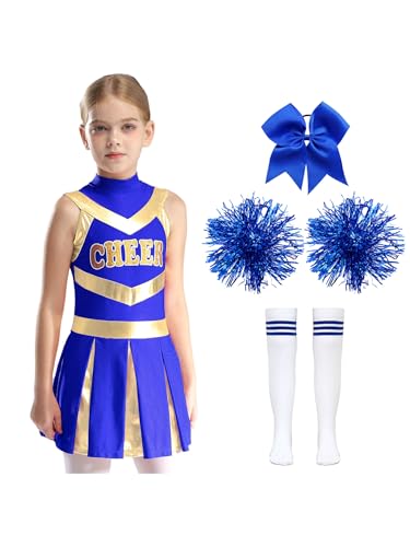 Aislor Mädchen Cheer Leader Kostüm Cheerleading Uniform Outfits Ärmellos Cheerleading Tanzkleid mit Pompoms/Harrband Strümpfe Halloween Karneval Kostüm B Blau 122-128 von Aislor