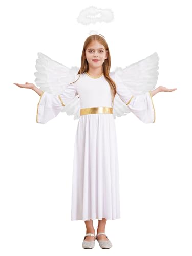 Aislor Mädchen Engelskostüm Engelchen Kleid mit Engelsflügel Heiligenschein Maxikleid Griechische Göttin Kostüm Angel Costume Halloween Kinder Kostüm Weiß 170-176 von Aislor