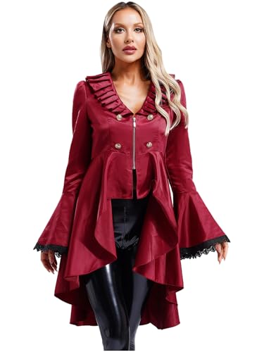 Aislor Mittelalter Kleidung Damen Steampunk Frack Jacke Viktorianisch Jacke Mantel Lang Barock Jacke Renaissance Halloween Kostüm Karneval Party Burgundy L von Aislor