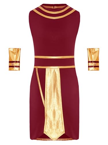 Aislor Pharao Kostüm Kinder Jungen Ägyptischer König Kostüm Antike Toga Kostüm Römer Prinz Kostüm Tunika Kleid Halloween Kostüm Mottoparty Burgundy 110-116 von Aislor