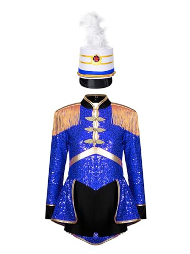 Aislor Zirkus Kostüm Kinder Mädchen Langarm Pailletten Body mit Haarband/Federhut Ringmaster Cosplay Outfits Halloween Fasching Karneval Kostüm A Königsblau 158-164 von Aislor