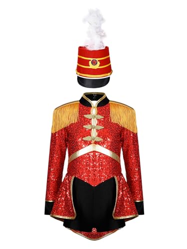 Aislor Zirkus Kostüm Kinder Mädchen Langarm Pailletten Body mit Haarband/Federhut Ringmaster Cosplay Outfits Halloween Fasching Karneval Kostüm A Rot 158-164 von Aislor