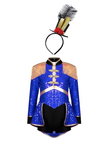 Aislor Zirkus Kostüm Kinder Mädchen Langarm Pailletten Body mit Haarband/Federhut Ringmaster Cosplay Outfits Halloween Fasching Karneval Kostüm B Königsblau 170-176 von Aislor