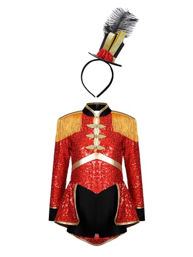 Aislor Zirkus Kostüm Kinder Mädchen Langarm Pailletten Body mit Haarband/Federhut Ringmaster Cosplay Outfits Halloween Fasching Karneval Kostüm B Rot 170-176 von Aislor