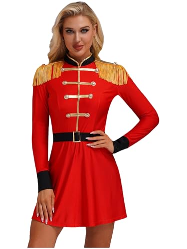 Aislor Damen Zirkus Kostüm Zirkuskleid mit Gürtel Zirkusdirektor Zirkus Uniform Mini Kleid Showman Rollenspiel Cosplay Set Karneval Fasching Kostüm Clubwear Rot S von Aislor