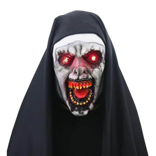 Aisstoye Nonne Maske Halloween Latex Scary Nonne Maske Horror Full Head Maske mit Kopftuch für Halloween Cosplay Maske Party ﻿ (With LED, A) von Aisstoye