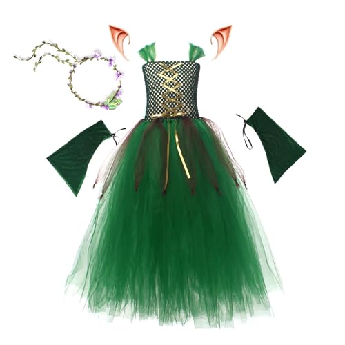 Aisyrain Halloween-Kostüm für Mädchen,Halloween-Kostüm für Mädchen - Grünes Halloween-Feenkostüm | Ohren Kranz Ärmel Mesh Fee Kleid Set, Kinder Mädchen Cosplay für Festival von Aisyrain