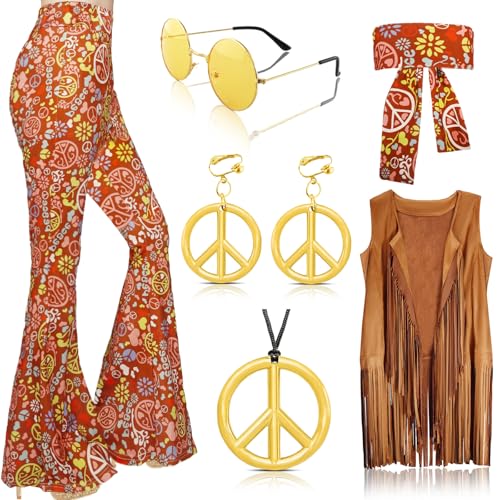 7 Stück 60er 70er Hippie Kostüm Damen Set mit Boho Schlaghosen Fransenweste Stirnband Damen Hippie Kostüme Zubehör, 70er Jahre Outfit Damen für Halloween Karneval Disco Outfit Cosplay von Aitsite