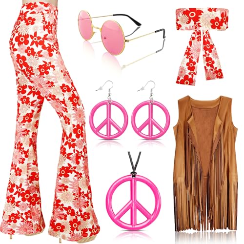 7 Stück 60er 70er Hippie Kostüm Damen Set mit Boho Schlaghosen Fransenweste Stirnband Damen Hippie Kostüme Zubehör, 70er Jahre Outfit Damen für Halloween Karneval Disco Outfit Cosplay von Aitsite