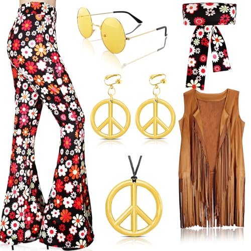 7 Stück 60er 70er Hippie Kostüm Damen Set mit Boho Schlaghosen Fransenweste Stirnband Damen Hippie Kostüme Zubehör, 70er Jahre Outfit Damen für Halloween Karneval Disco Outfit Cosplay von Aitsite