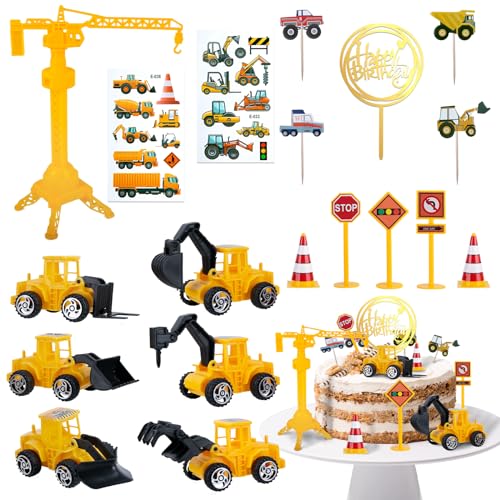 Aitsite Baustellenfahrzeuge Kinder, 39 Stück Tortendeko Bagger, Tortendeko Baustelle Kinder Verkehrsschilder Kinder, Miniatur Baustelle Spielzeug für Junge von Aitsite