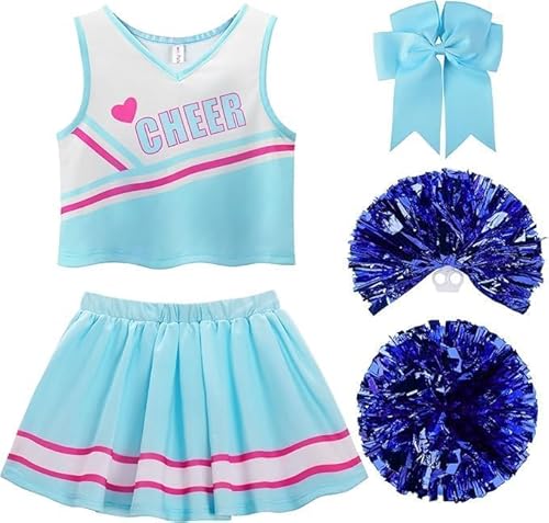 Aitsite Cheerleader Kostüm Kinder, cheerleading kostüm mädchen, Faschingskostüme kinder cheerleader, kinder cheer outfit mit Pompoms, Socken und Kopfschmuck für Karneval Party (Blau, 130) von Aitsite