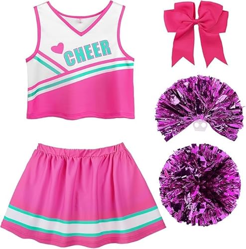 Aitsite Cheerleader Kostüm Kinder, cheerleading kostüm mädchen, Faschingskostüme kinder cheerleader, kinder cheer outfit mit Pompoms, Socken und Kopfschmuck für Karneval Party (Rosa, 110) von Aitsite