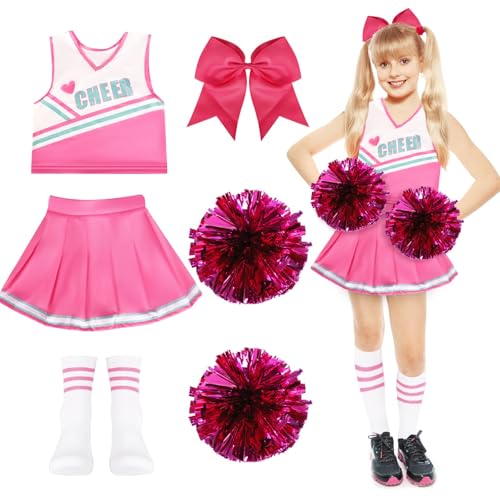 Aitsite Cheerleader Kostüm Kinder,Cheerleader Kostüm Damen,Cheerleadering Outfit Mädchen,Kinderkostüm Cheerleader,Kinder Cheer Outfit Mit Pompoms Socken,für Karneval,Fasching,Mottoparty (Rosa, 110) von Aitsite