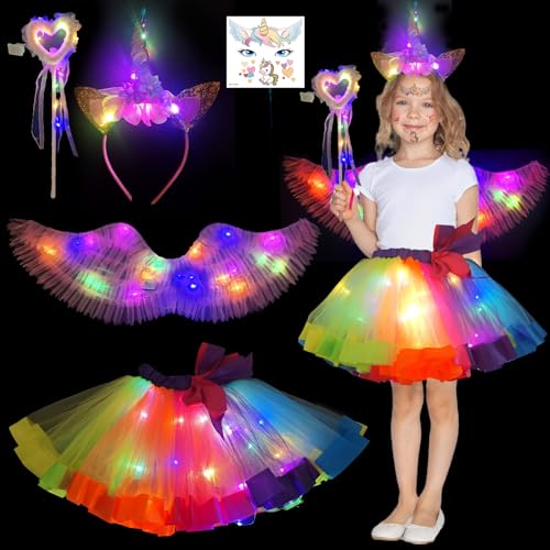 Aitsite Einhorn Flügel Kostüm Kinder, Leuchtende Kinder Einhorn Kostüm, LED Tutu Tüllrock Einhorn Kostüm Mädchen, Tutu Rock mit Einhorn Headband, Einhorn Kostüm für Karneval und Cosplay Party von Aitsite