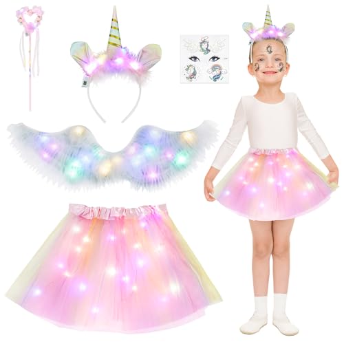 Aitsite Einhorn Flügel Kostüm Kinder, Leuchtende Kinder Einhorn Kostüm, LED Tutu Tüllrock Einhorn Kostüm Mädchen, Tutu Rock mit Einhorn Headband von Aitsite