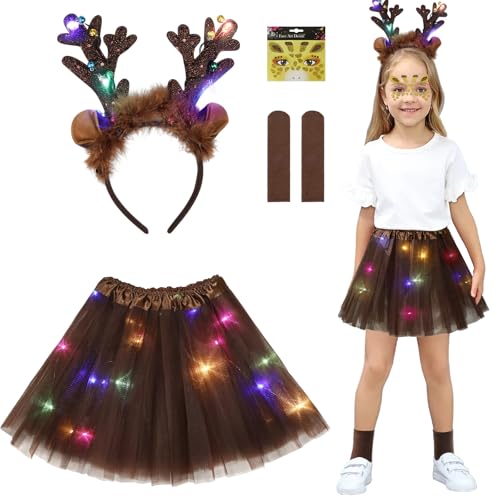 Aitsite Weihnachtskostüm Mädchen Reh, Leuchtende Kinder Reh Kostüm, LED Tutu Tüllrock Rentier Kostüm Mädchen, Tutu Rock mit Reindeer Headband, Reh Rock für Halloween und Karnevals Partys von Aitsite