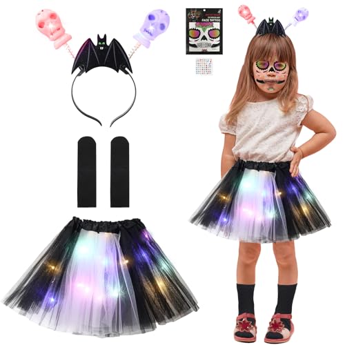 Aitsite Halloween Rock Mädchen, Skelett Braut Kostüm Mädchen, Leuchtende Kinder Skelett Kostüm, LED Tutu Tüllrock Skelett Kostüm Mädchen, Tutu Rock mit Skelett Headband von Aitsite