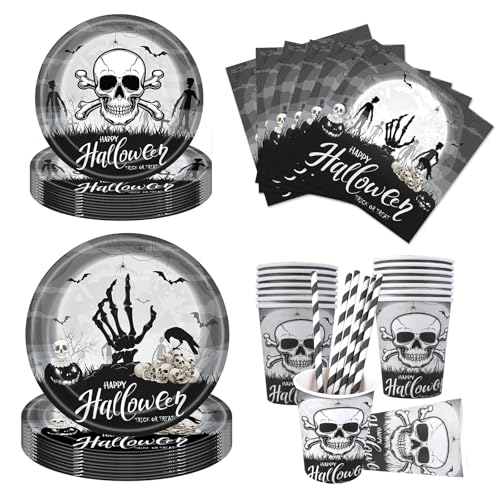 Aitsite Halloween Partygeschirr Set, 100 Stück Halloween Skelett Party Geschirrset, Skelett Teller Set für 20 Gäste, Party Teller Becher Servietten für Halloween Deko von Aitsite