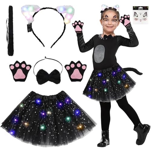 Aitsite Karneval Rock Katze kostüm Kinder, Leuchtende Kinder Katze Kostüm, Karneval Kostüm Mädchen, LED Tutu Tüllrock Katze Kostüm, Tutu Rock mit Katze Headband, Krawatte, Handschuhe und Schwanz von Aitsite