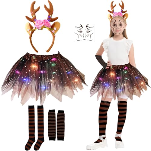 Aitsite Karnevals Kostüm Mädchen Reh, Leuchtende Kinder Reh Kostüm, LED Tutu Tüllrock Rentier Kostüm Mädchen, Tutu Rock mit Reindeer Headband, Reh Rock für Karneval und Cosplay Party von Aitsite