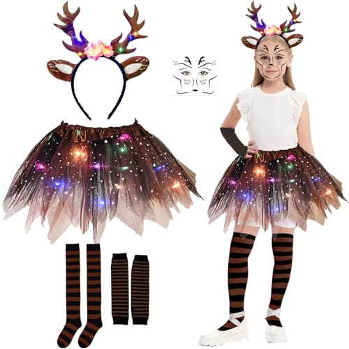 Aitsite Karnevals Kostüm Mädchen Reh, Leuchtende Kinder Reh Kostüm, LED Tutu Tüllrock Rentier Kostüm Mädchen, Tutu Rock mit Reindeer Headband, Reh Rock für Karneval und Cosplay Party von Aitsite