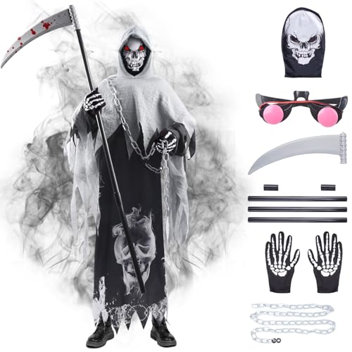 Sensenmann Kostüm, Kind Sensenmann Kostüm, Sensenmann Cosplay Kostüm für Kinder, Halloween Kostüm Set mit leuchtenden Augen,Handschuhe, Sense, Karnevals Themenparty, Halloween Trick-or-Treating von Aitsite