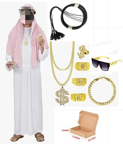 Aitsite Scheich Kostüm Herren, Kostüm Scheich Araber, Arabisches Weißes Gewand Mit Kopftuch, Sultan, Faschingskostüme Dubai Regal Suit, Finger Ring, Halsketten, Sonnenbrillen Für Party, Cosplay (M) von Aitsite